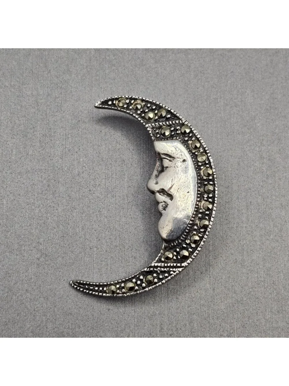 Vintage Sterling Silver Marcasite Moon Brooch Man In The Moon Face Signed FAS - Picture 1 of 8